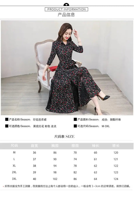 Women's Chiffon Stitching Lace Dress, Lady's Elegant Temperament Long Dress, Shirt Collar, Long Sleeve, Print Dresses, New - Lootquake