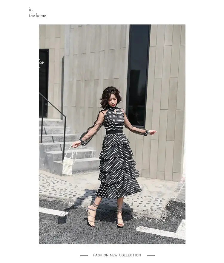 Transparent Long-Sleeved Chiffon Dress for Ladies, Polka Dot, Elegant Temperament, Fashion, New - Lootquake