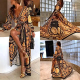 2021 New Style Fashion Elegant Women Sexy Boat Neck Glitter Deep V Neck Print Party Dress Formal Long Dress Sexy Clubwear - Lootquake