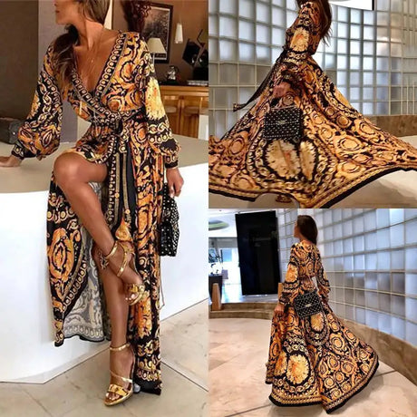 2021 New Style Fashion Elegant Women Sexy Boat Neck Glitter Deep V Neck Print Party Dress Formal Long Dress Sexy Clubwear - Lootquake