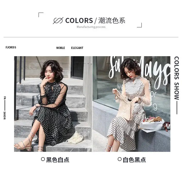 Transparent Long-Sleeved Chiffon Dress for Ladies, Polka Dot, Elegant Temperament, Fashion, New - Lootquake