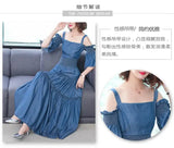 Denim 2023 summer new women's dress sling one word collar silk cowboy long dress - Lootquake