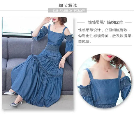 Denim 2023 summer new women's dress sling one word collar silk cowboy long dress - Lootquake