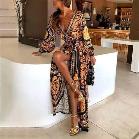 2021 New Style Fashion Elegant Women Sexy Boat Neck Glitter Deep V Neck Print Party Dress Formal Long Dress Sexy Clubwear - Lootquake