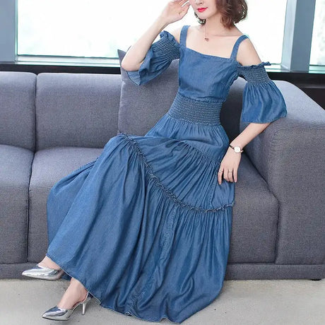 Denim 2023 summer new women's dress sling one word collar silk cowboy long dress - Lootquake