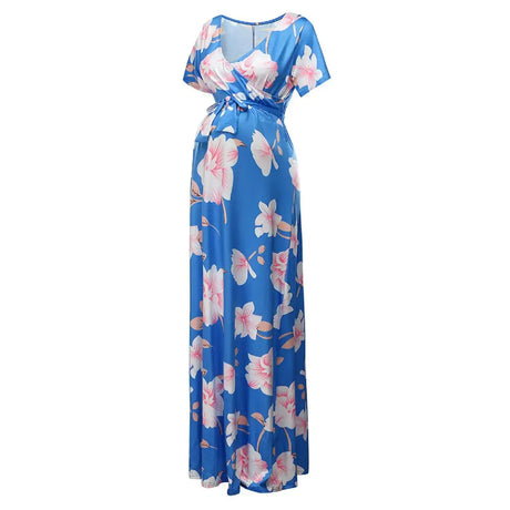 Chivry Maternity Dress Women Floral Print Short Sleeve V-neck Maxi Long Dress Pregnant Casual Clothes Summer Maternity Dress - Lootquake