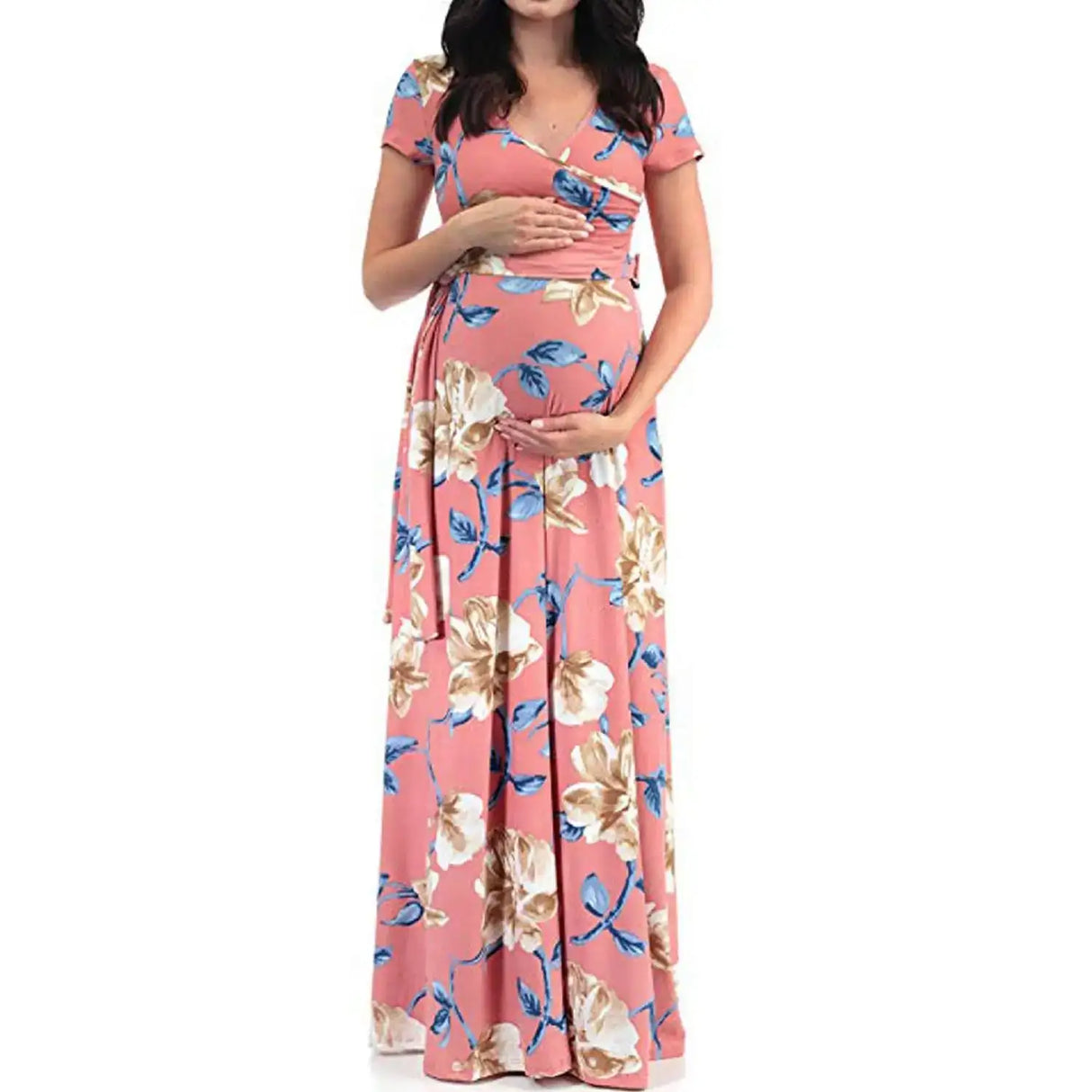 Chivry Maternity Dress Women Floral Print Short Sleeve V-neck Maxi Long Dress Pregnant Casual Clothes Summer Maternity Dress - Lootquake