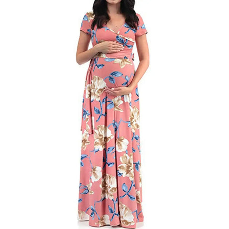Chivry Maternity Dress Women Floral Print Short Sleeve V-neck Maxi Long Dress Pregnant Casual Clothes Summer Maternity Dress - Lootquake