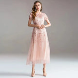 High-quality long dress embroidery large swing dress dress ladies elegant temperament round neck short-sleeved ladies dresses - Lootquake