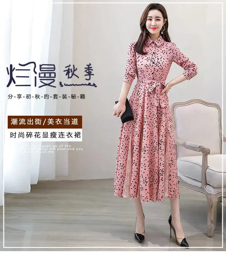 Women's Chiffon Stitching Lace Dress, Lady's Elegant Temperament Long Dress, Shirt Collar, Long Sleeve, Print Dresses, New - Lootquake