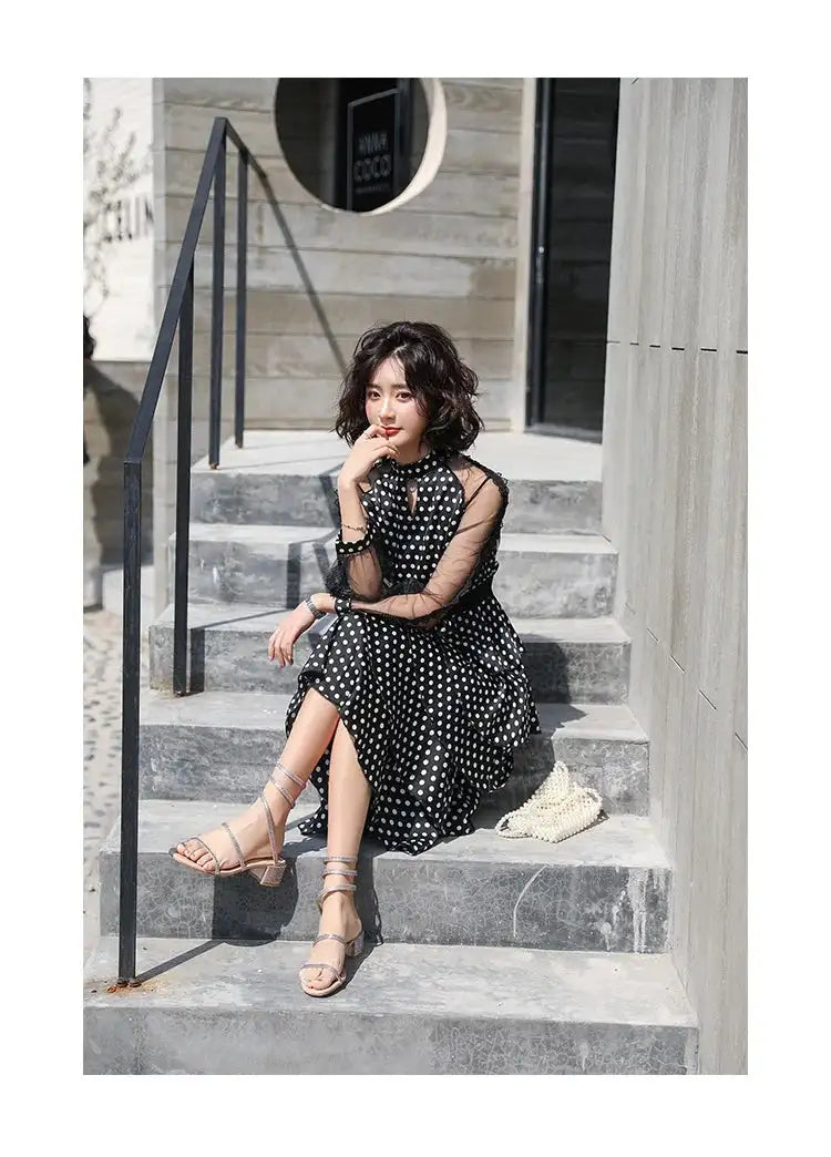 Transparent Long-Sleeved Chiffon Dress for Ladies, Polka Dot, Elegant Temperament, Fashion, New - Lootquake