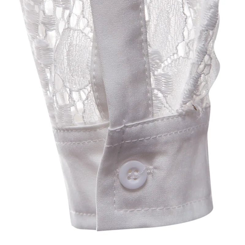 Mens Flower Patchwork Embroidery Lace Shirt 2019 Fashion Transparent Sexy Dress Shirts Mens See Trough Club Party Event Chemise - Lootquake