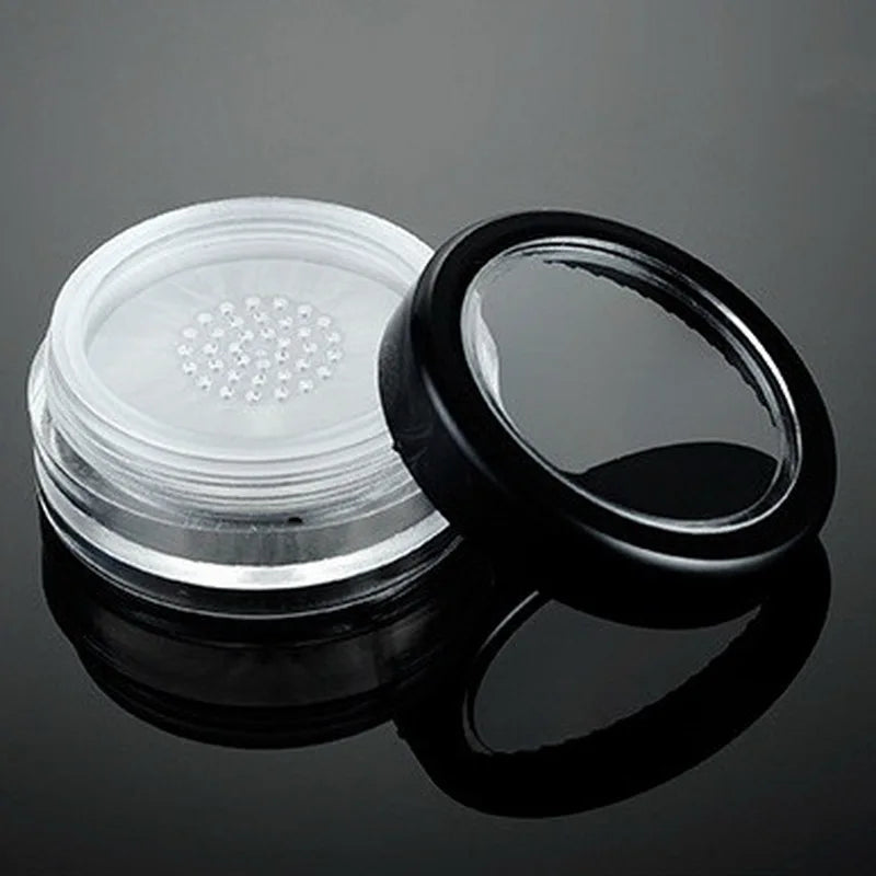 Lote de 10 unidades de 10 g de polvos sueltos compactos con tapa transparente negra, rejilla y tapa de PP, recipiente para polvos, caja vacía para polvos.