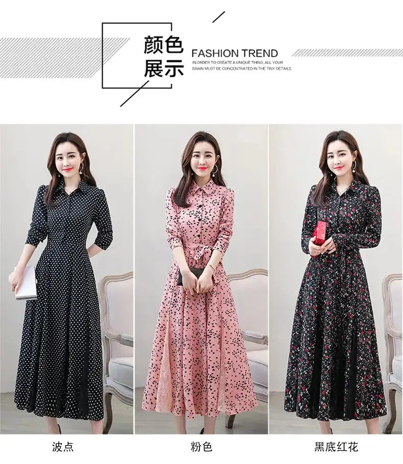 Women's Chiffon Stitching Lace Dress, Lady's Elegant Temperament Long Dress, Shirt Collar, Long Sleeve, Print Dresses, New - Lootquake