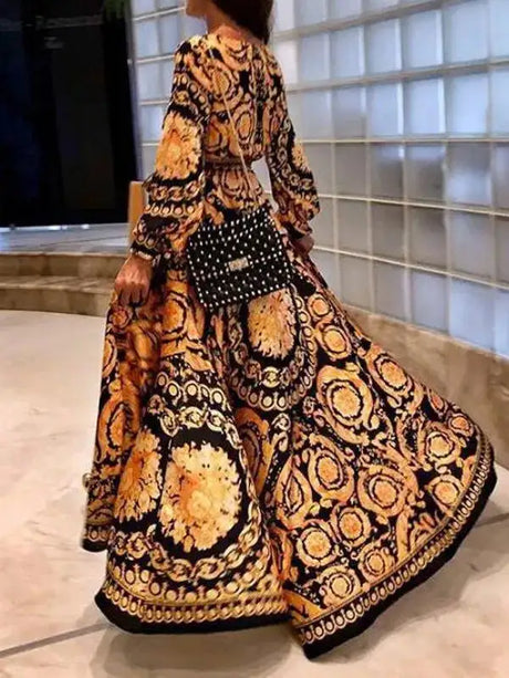 2021 New Style Fashion Elegant Women Sexy Boat Neck Glitter Deep V Neck Print Party Dress Formal Long Dress Sexy Clubwear - Lootquake