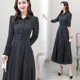 Women's Chiffon Stitching Lace Dress, Lady's Elegant Temperament Long Dress, Shirt Collar, Long Sleeve, Print Dresses, New - Lootquake