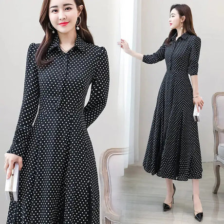 Women's Chiffon Stitching Lace Dress, Lady's Elegant Temperament Long Dress, Shirt Collar, Long Sleeve, Print Dresses, New - Lootquake