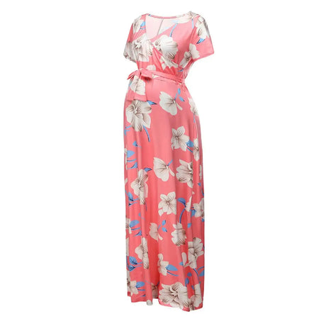 Chivry Maternity Dress Women Floral Print Short Sleeve V-neck Maxi Long Dress Pregnant Casual Clothes Summer Maternity Dress - Lootquake