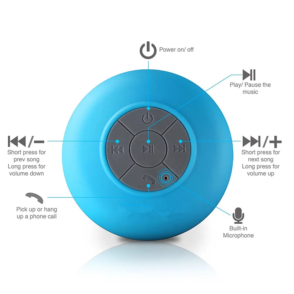 Mini altavoz Bluetooth para ducha, subwoofer, impermeable, manos libres, con micrófono y ventosa para baño, piscina, playa, coche y teléfono.