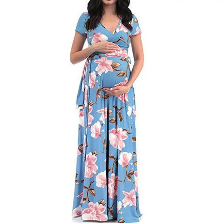 Chivry Maternity Dress Women Floral Print Short Sleeve V-neck Maxi Long Dress Pregnant Casual Clothes Summer Maternity Dress - Lootquake