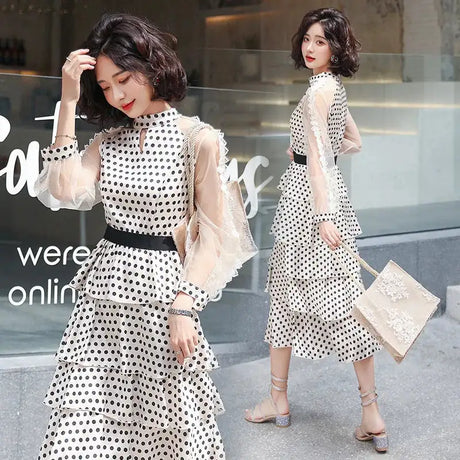 Transparent Long-Sleeved Chiffon Dress for Ladies, Polka Dot, Elegant Temperament, Fashion, New - Lootquake