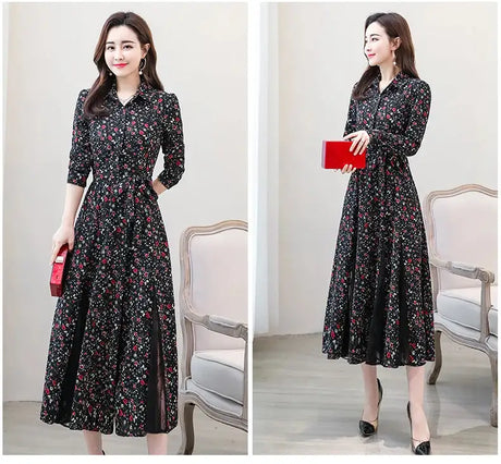 Women's Chiffon Stitching Lace Dress, Lady's Elegant Temperament Long Dress, Shirt Collar, Long Sleeve, Print Dresses, New - Lootquake