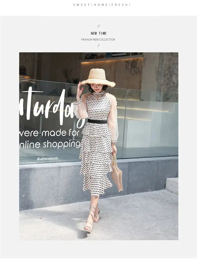 Transparent Long-Sleeved Chiffon Dress for Ladies, Polka Dot, Elegant Temperament, Fashion, New - Lootquake
