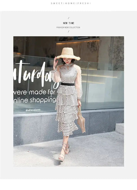 Transparent Long-Sleeved Chiffon Dress for Ladies, Polka Dot, Elegant Temperament, Fashion, New - Lootquake