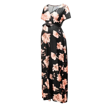 Chivry Maternity Dress Women Floral Print Short Sleeve V-neck Maxi Long Dress Pregnant Casual Clothes Summer Maternity Dress - Lootquake