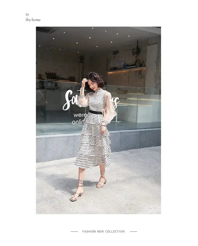 Transparent Long-Sleeved Chiffon Dress for Ladies, Polka Dot, Elegant Temperament, Fashion, New - Lootquake