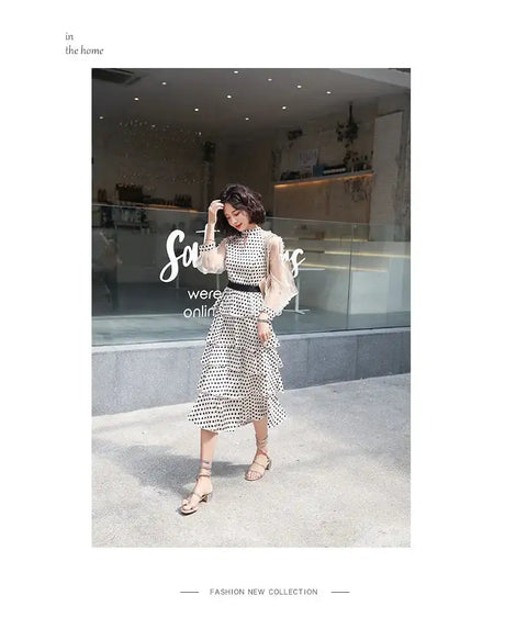 Transparent Long-Sleeved Chiffon Dress for Ladies, Polka Dot, Elegant Temperament, Fashion, New - Lootquake