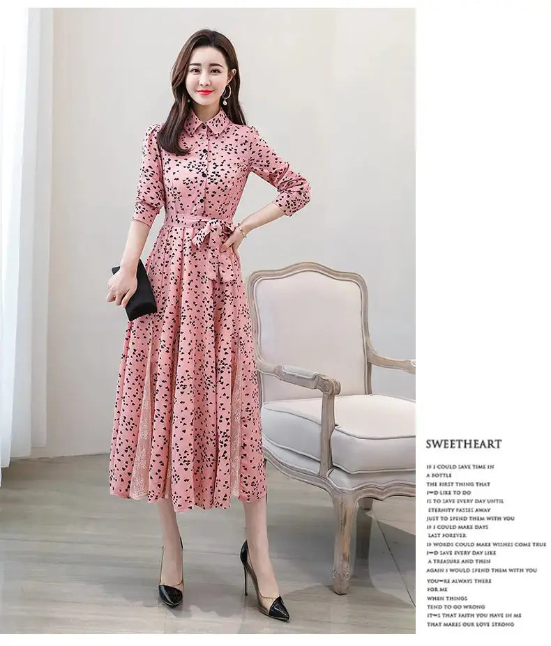 Women's Chiffon Stitching Lace Dress, Lady's Elegant Temperament Long Dress, Shirt Collar, Long Sleeve, Print Dresses, New - Lootquake