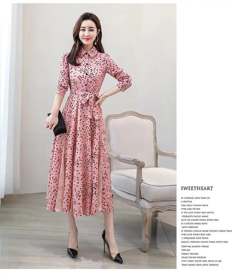 Women's Chiffon Stitching Lace Dress, Lady's Elegant Temperament Long Dress, Shirt Collar, Long Sleeve, Print Dresses, New - Lootquake
