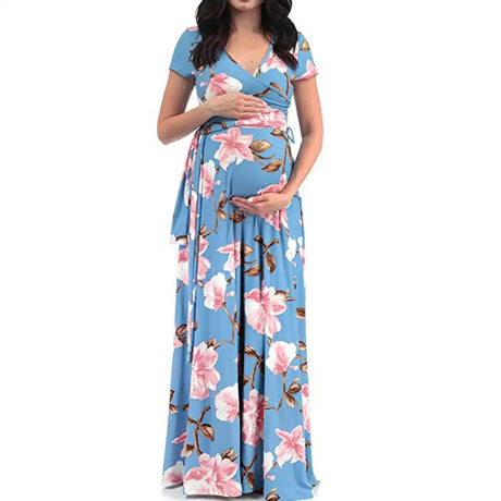 Chivry Maternity Dress Women Floral Print Short Sleeve V-neck Maxi Long Dress Pregnant Casual Clothes Summer Maternity Dress - Lootquake
