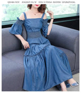 Denim 2023 summer new women's dress sling one word collar silk cowboy long dress - Lootquake