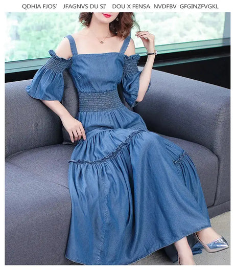 Denim 2023 summer new women's dress sling one word collar silk cowboy long dress - Lootquake