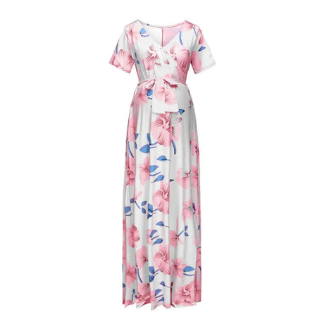 Chivry Maternity Dress Women Floral Print Short Sleeve V-neck Maxi Long Dress Pregnant Casual Clothes Summer Maternity Dress - Lootquake
