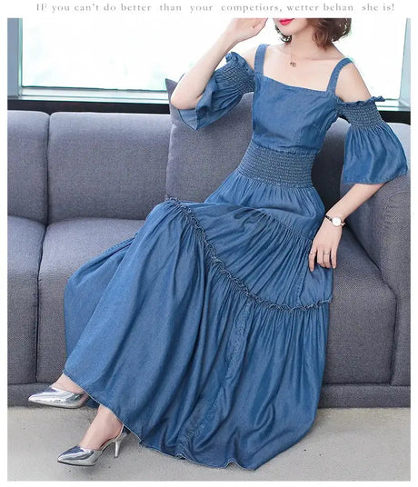 Denim 2023 summer new women's dress sling one word collar silk cowboy long dress - Lootquake
