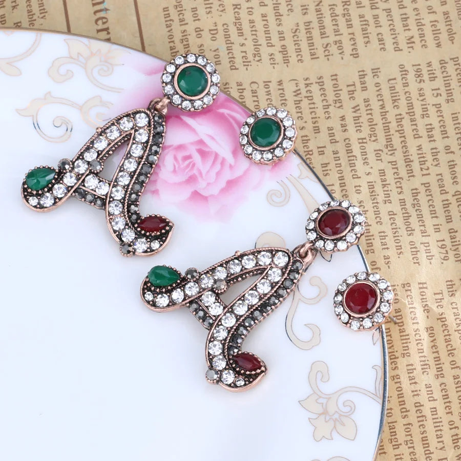 Letter A Statement Drop Earrings Rhinestone Gold Round Stud Asymmetrical Earrings Vintage Turkish Jewelry - Lootquake