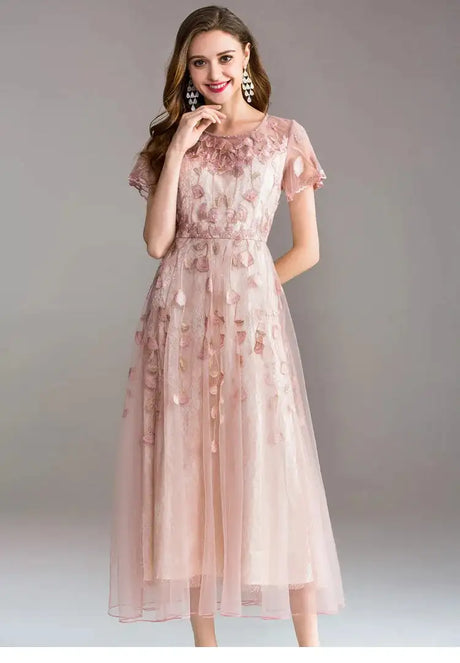 High-quality long dress embroidery large swing dress dress ladies elegant temperament round neck short-sleeved ladies dresses - Lootquake
