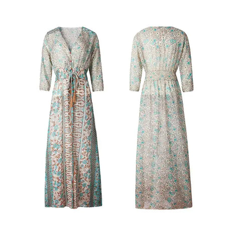 TEELYNN boho long dress Vintage 2023 floral print Chiffon three quarter sleeve v-neck summer Gypsy Hippie women dresses vestidos - Lootquake