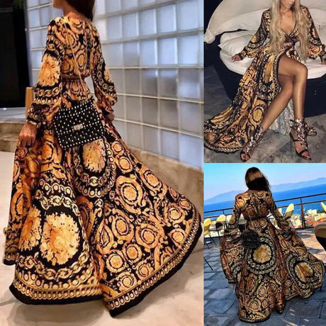 2021 New Style Fashion Elegant Women Sexy Boat Neck Glitter Deep V Neck Print Party Dress Formal Long Dress Sexy Clubwear - Lootquake