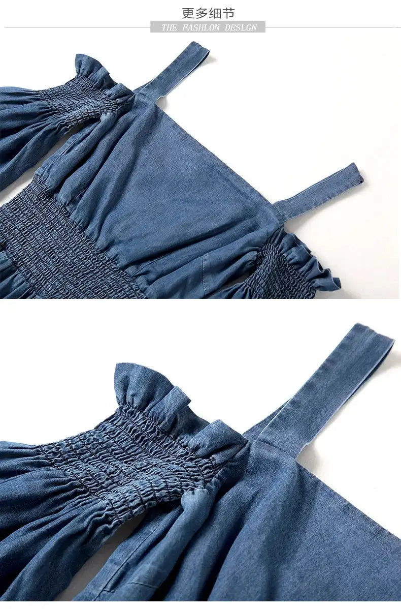 Denim 2023 summer new women's dress sling one word collar silk cowboy long dress - Lootquake