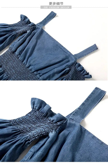 Denim 2023 summer new women's dress sling one word collar silk cowboy long dress - Lootquake