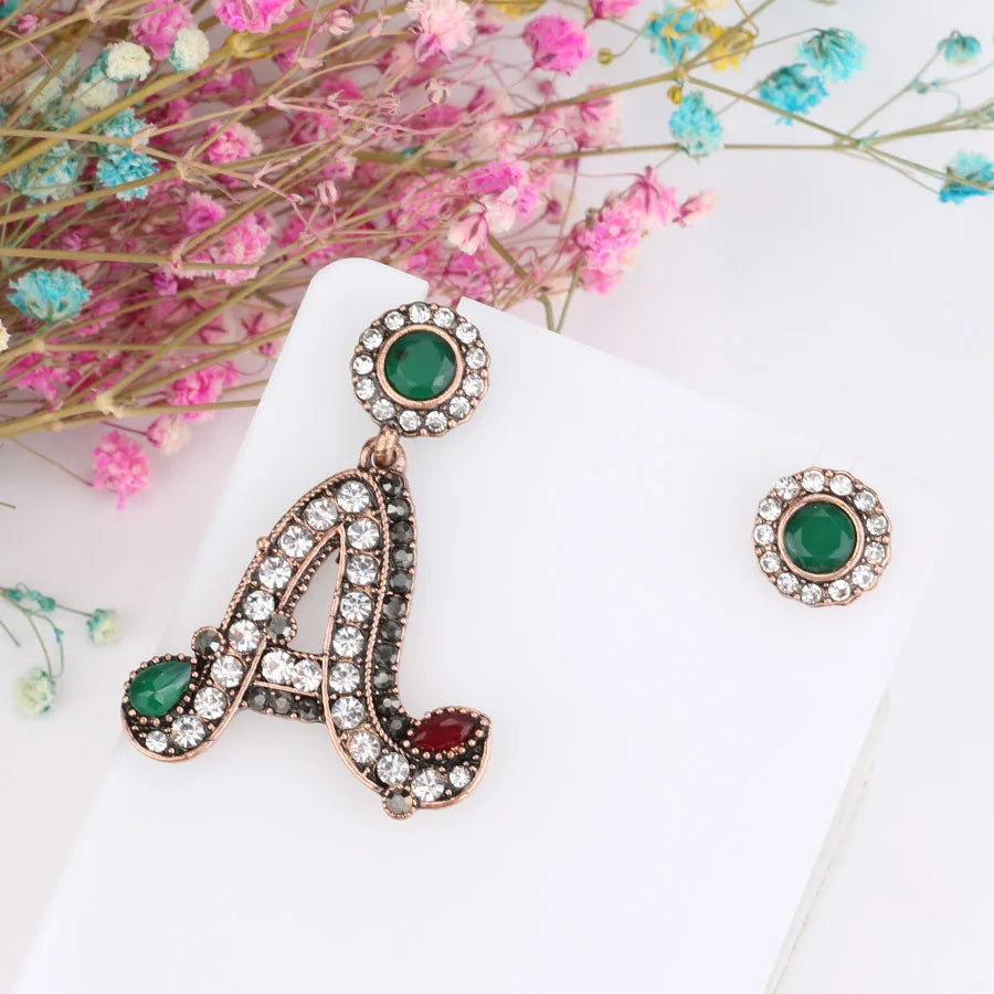 Letter A Statement Drop Earrings Rhinestone Gold Round Stud Asymmetrical Earrings Vintage Turkish Jewelry - Lootquake