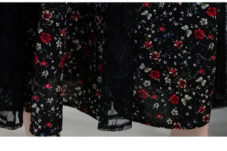 Women's Chiffon Stitching Lace Dress, Lady's Elegant Temperament Long Dress, Shirt Collar, Long Sleeve, Print Dresses, New - Lootquake