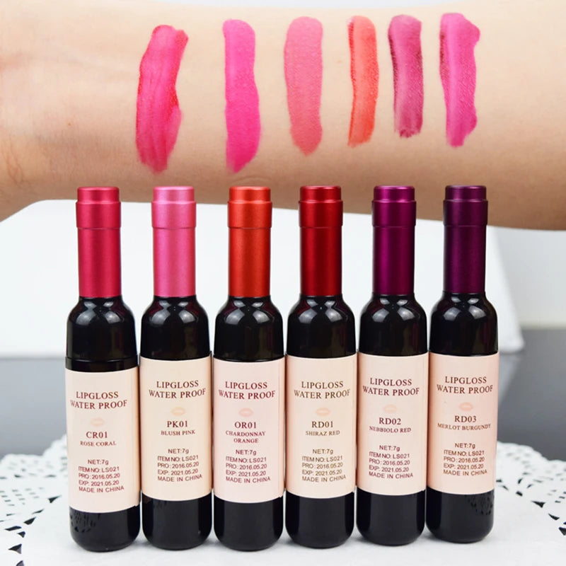 Rouge à lèvres liquide mat 6 couleurs, brillant à lèvres en forme de bouteille de vin rouge, brillant à lèvres imperméable longue durée, hydratant, teinte antiadhésive