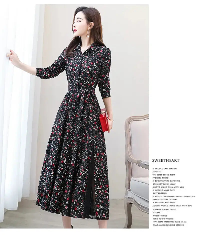 Women's Chiffon Stitching Lace Dress, Lady's Elegant Temperament Long Dress, Shirt Collar, Long Sleeve, Print Dresses, New - Lootquake