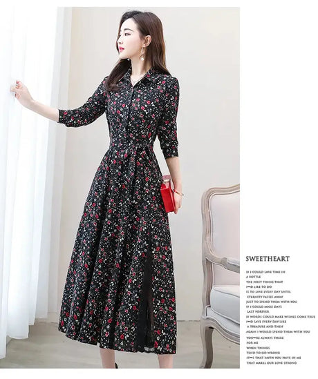 Women's Chiffon Stitching Lace Dress, Lady's Elegant Temperament Long Dress, Shirt Collar, Long Sleeve, Print Dresses, New - Lootquake