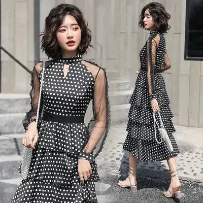 Transparent Long-Sleeved Chiffon Dress for Ladies, Polka Dot, Elegant Temperament, Fashion, New - Lootquake